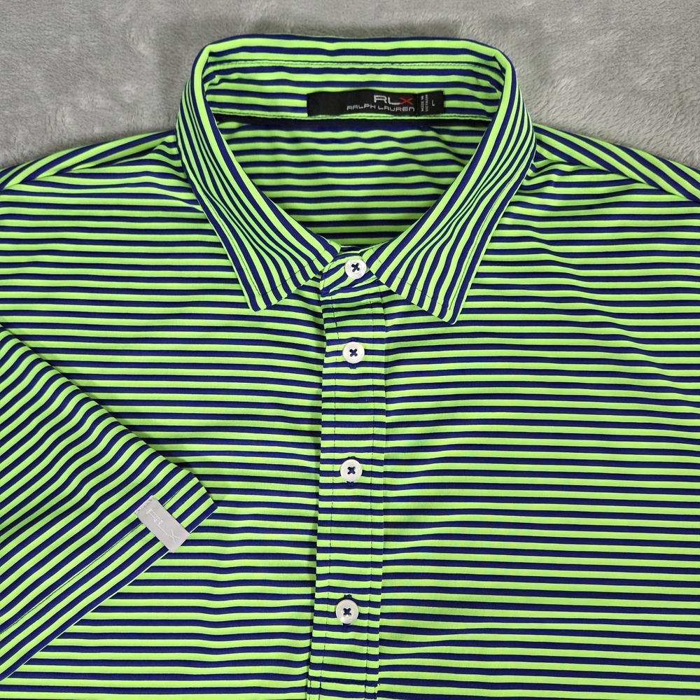 RLX Ralph Lauren Performance Polo Shirt Mens L Neon Green Stripe Stretch Golf
